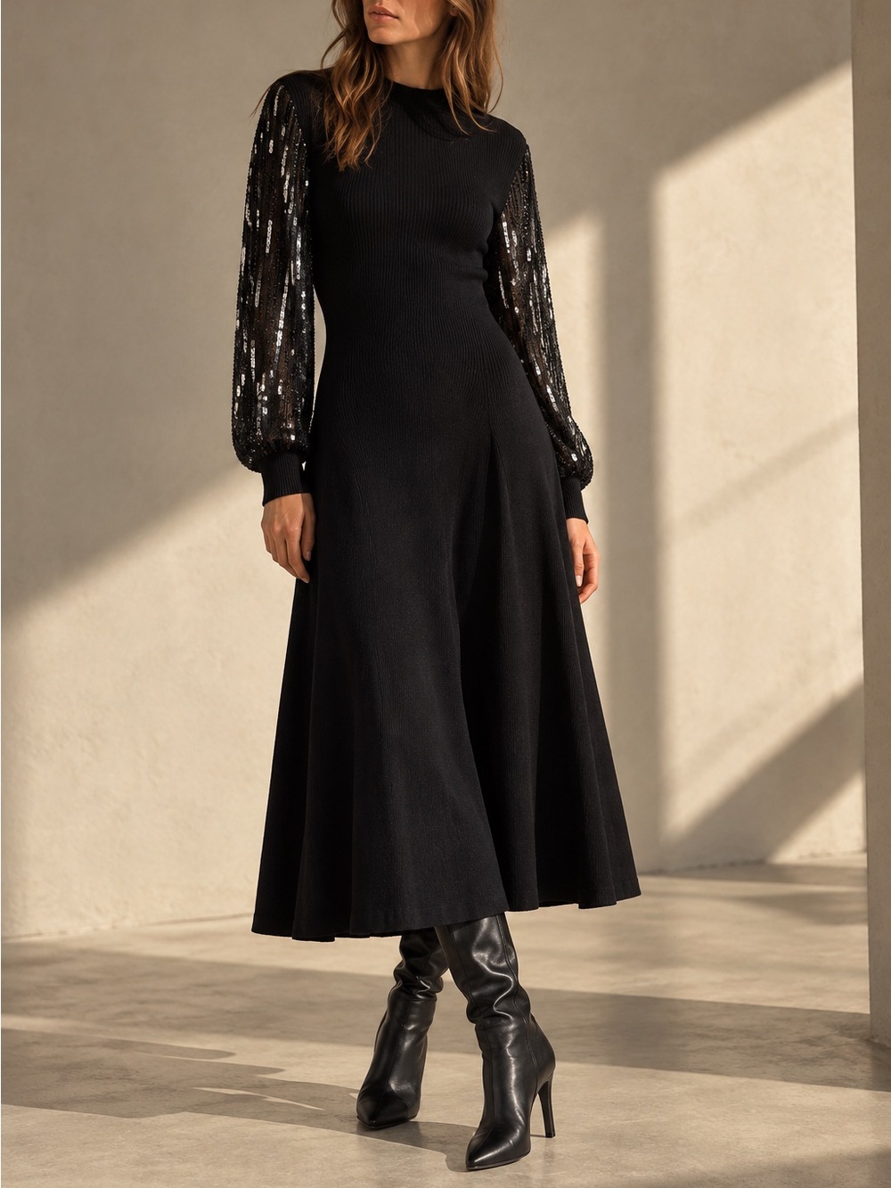 NWT T Tahari Sequin Sleeve Ribbed Sweater Dress Black M MSRP $138